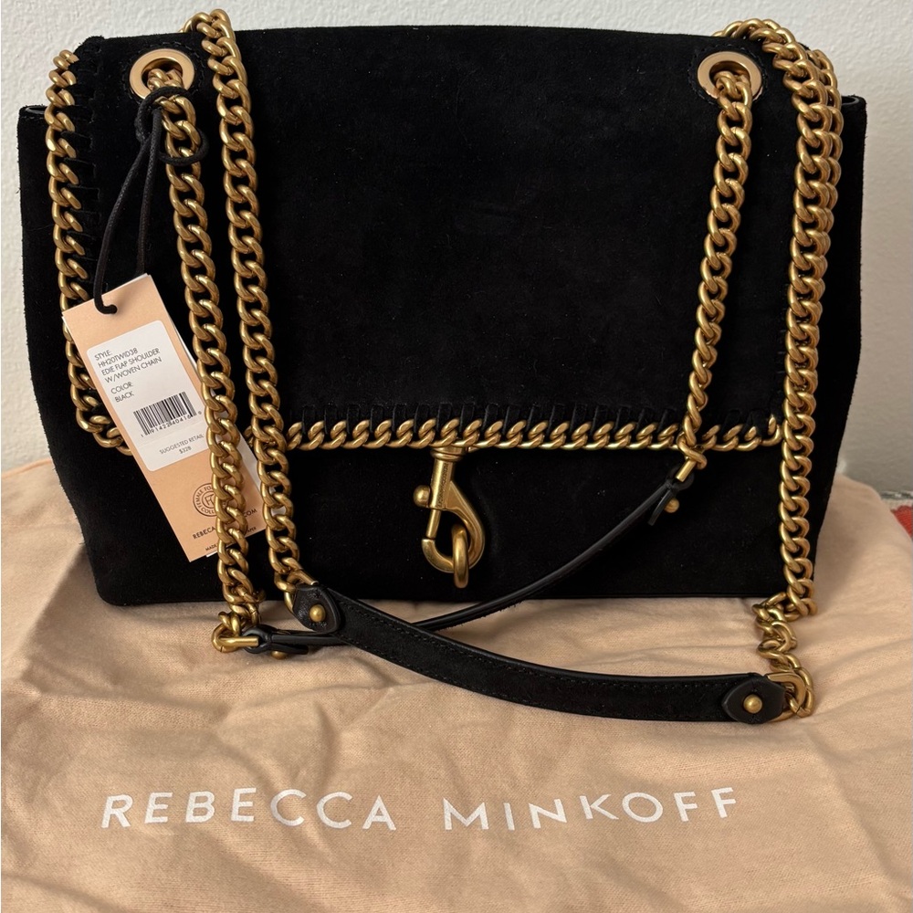 Rebecca Minkoff Edie Flap Shoulder Bag Black Suede Woven Gold Chain NWT $328